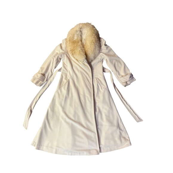 Vintage Kashmiracle Coat Womens S/M? Cream Fur Collar Used Long Belted Coat Uniq - Picture 4 of 16